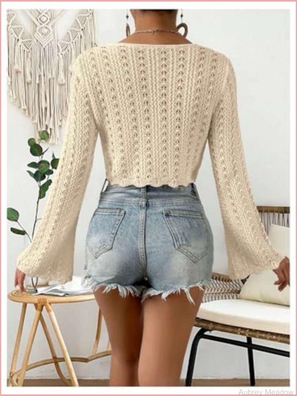 Tie Front Cardigan Trumpet Sleeve Pointelle Knit Crop Top - Picture 2 of 5